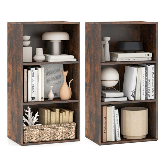 Costway Set of 2 3-Tier Cube Bookcase with Adjustable Shelves for Home Office-Rustic Brown