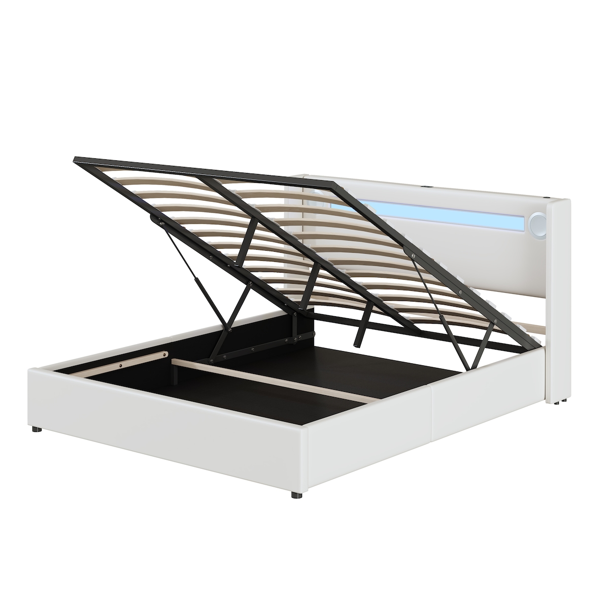 OKWISH PU-Leder Polsterbett 160x200 cm mit Bluetooth-Player, USB-Ladeanschlüssen, LED-Lichtleiste, hydraulischem Stauraum, robustem Metallrahmen Weiß Image