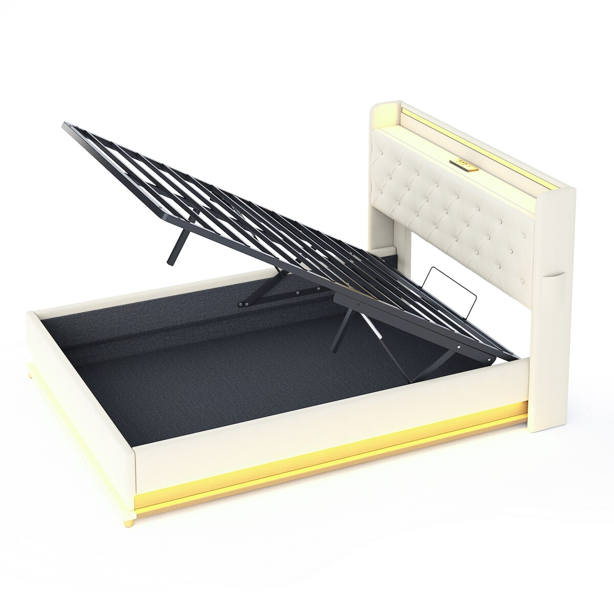OKWISH LED-Polsterbett 140x200 cm mit USB, hydraulischem Stauraum, Metallrahmen, LED-Beleuchtung, verschleißfester Leinenstoff, modernes Doppelbett Beige Image