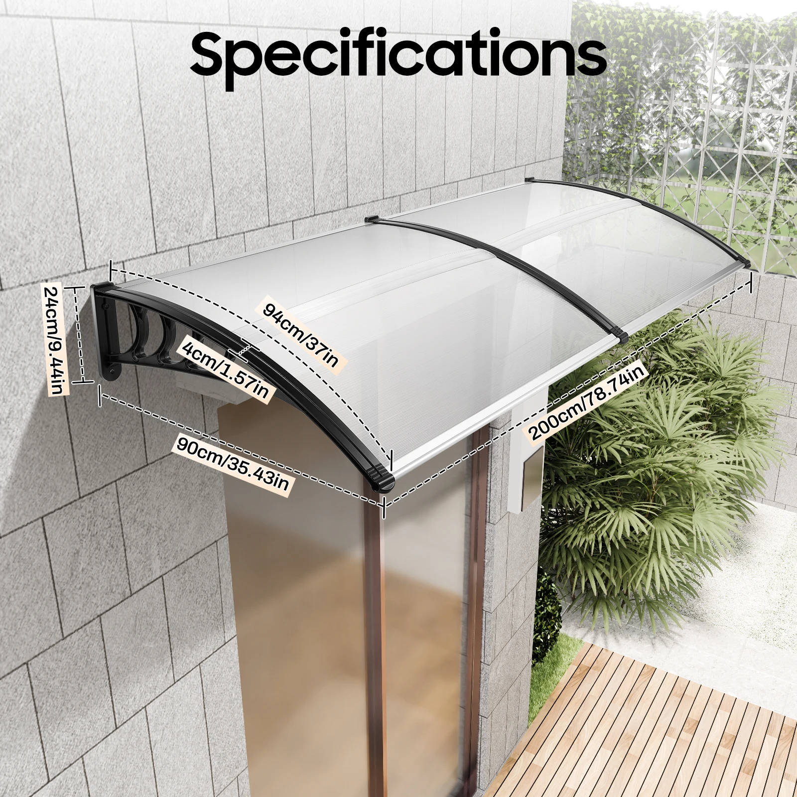 Transparenter hohler Türüberdachung – UV-Block, wetterfest, modernes Bogendesign für Veranda, Fenster, Garage, 200 x 90 cm, 180 ° C Image