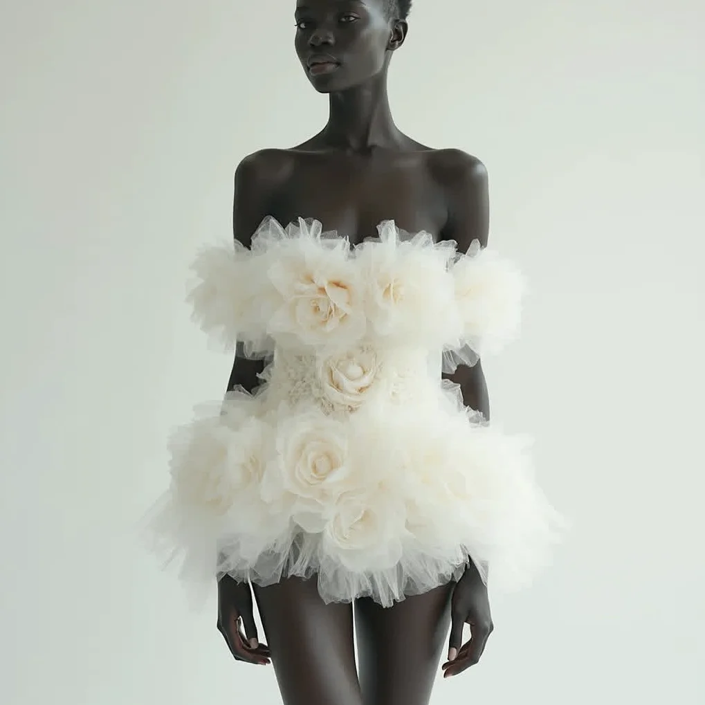 Beige Partykleider, Blumenrüschen, schulterfrei, sexy Damenkleider, A-Linie, trägerlos, schick, formelle Kleider, Blumen, plissiert