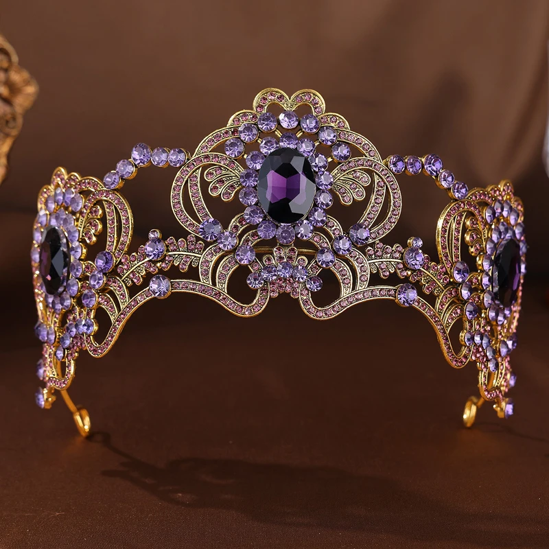 Lila Kristall Prinzessin Krone Große Vintage Barock Tiaras Strass Diadem Für Braut Stirnband Hochzeit Haar Zubehör