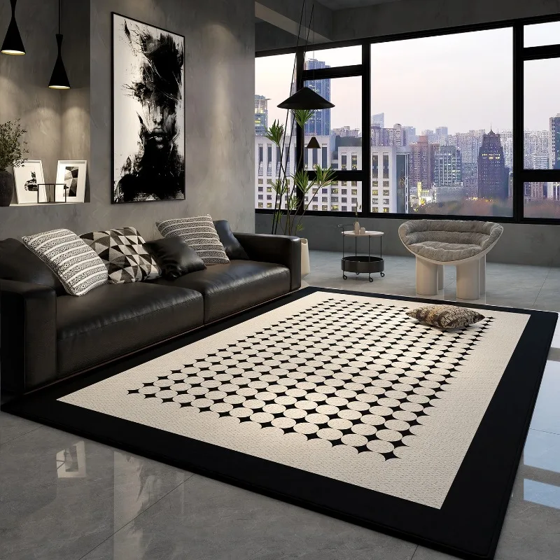 Moderne geometrische Teppichmatte, schwarz, weiß, beige, quadratisch, minimalistischer Teppich für Wohnzimmer, Sofabereich, zeitgenössische Heimdekoration Image