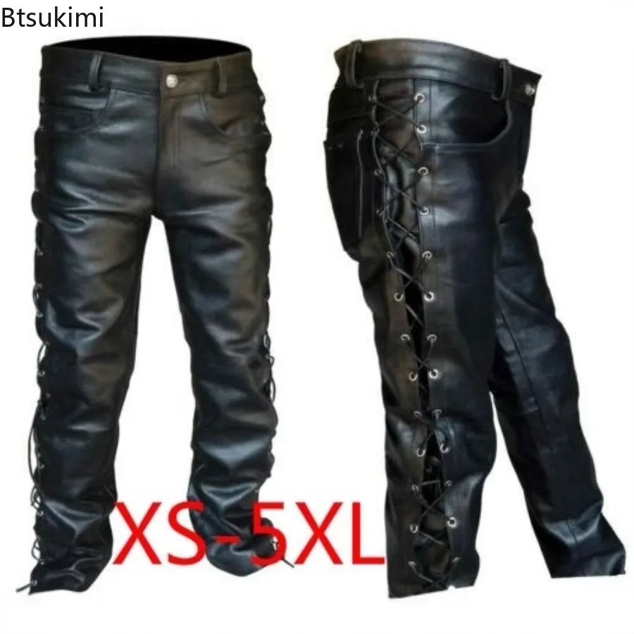 Männer Schwarz PU Leder Seite Schnürsenkel Up Punk Stil Lange Hose Motorrad Leder Hosen Leder Motorrad Vier Jahreszeiten Hosen männlich Image