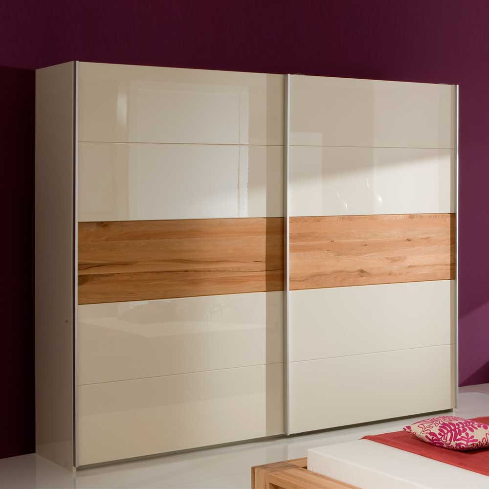 Schiebetürenschrank in Creme Hochglanz mit Wildeiche