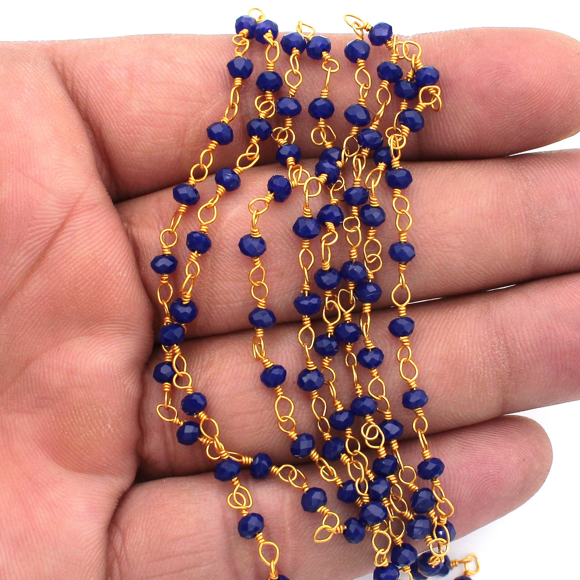 Lapis Lazuli Rosary Beaded Chain, Hydro Rondelle Faceted,3mm,Gold Plated Wire Wrapped Chain, Handmade Rosary Chain, Rosary For Jewelry, Bulk