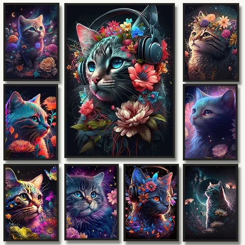 Neon Animal Cute Poster Cat and Flower Print Cat Wearing Headphones Canvas Painting Wall Art Pictures Print Home Decor