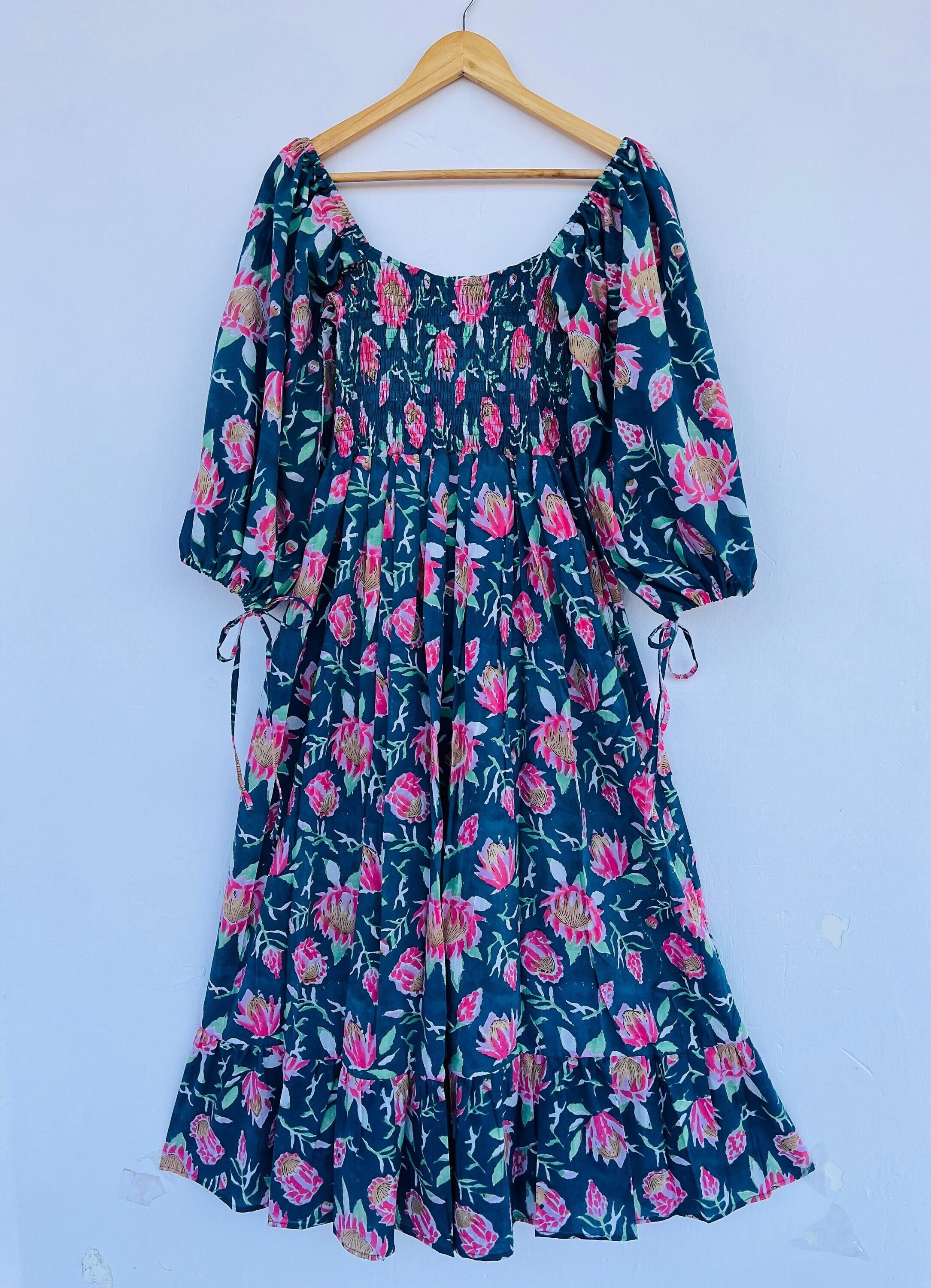 Bellissimo abito lungo con stampa a blocchi fatti a mano / abito lungo con stampa floreale a blocchi fatti a mano / abito lungo in cotone / abiti boho
