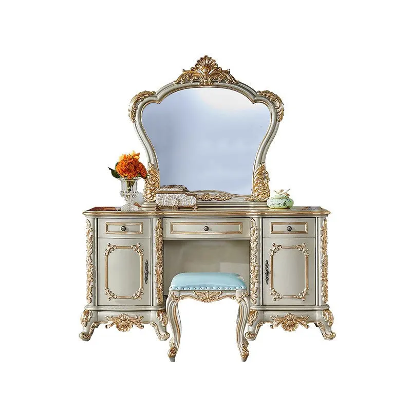 Europäischer Stil, Massivholz, Villa Luxus Gold Schminktisch, High-End, geschnitzt, Schlafzimmer-Prinzessin-Schminktisch und Stuhl Image