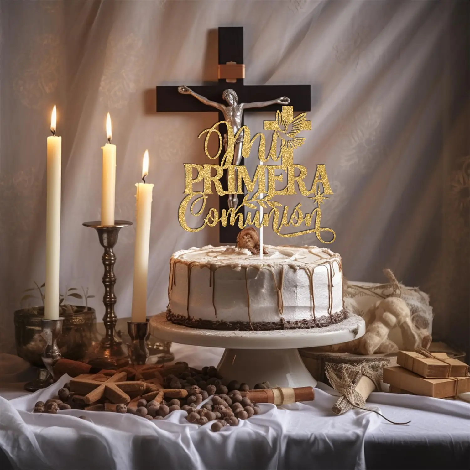 1PC My First Communion Gold Cross Cake Topper auf Spanisch, verwendet für God's Blessing Dekoration Geburtstagstorte Dekoration Image