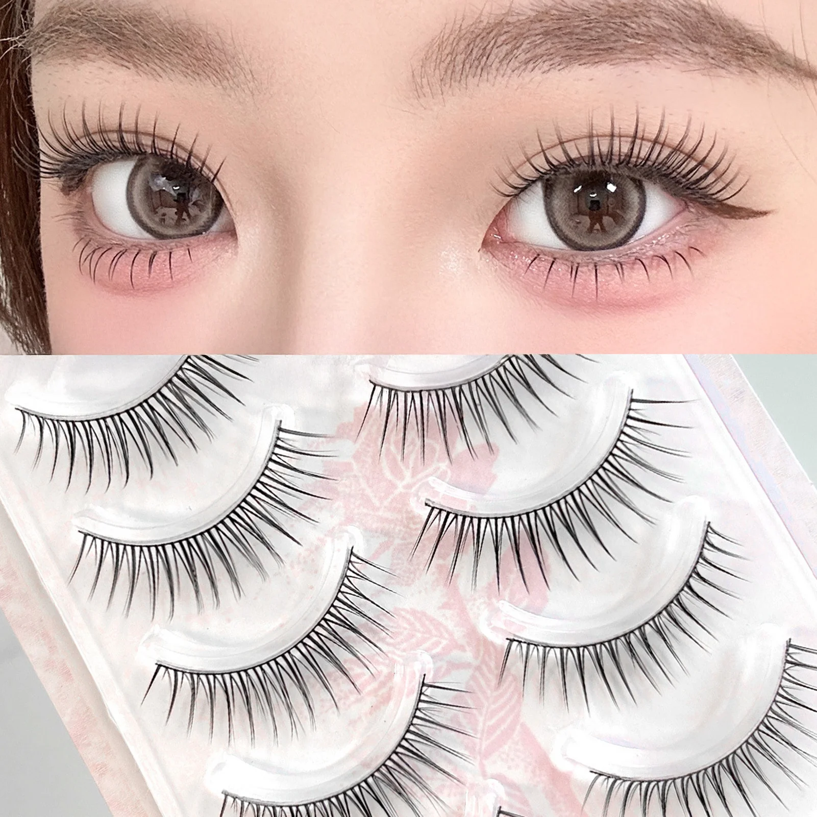 5 Paar falsche Wimpern im koreanischen Stil, natürliches Volumen, dünnes schwarzes Band, 7–13 mm, gemischte Länge, C-Kurve, flauschige Wimpern Image