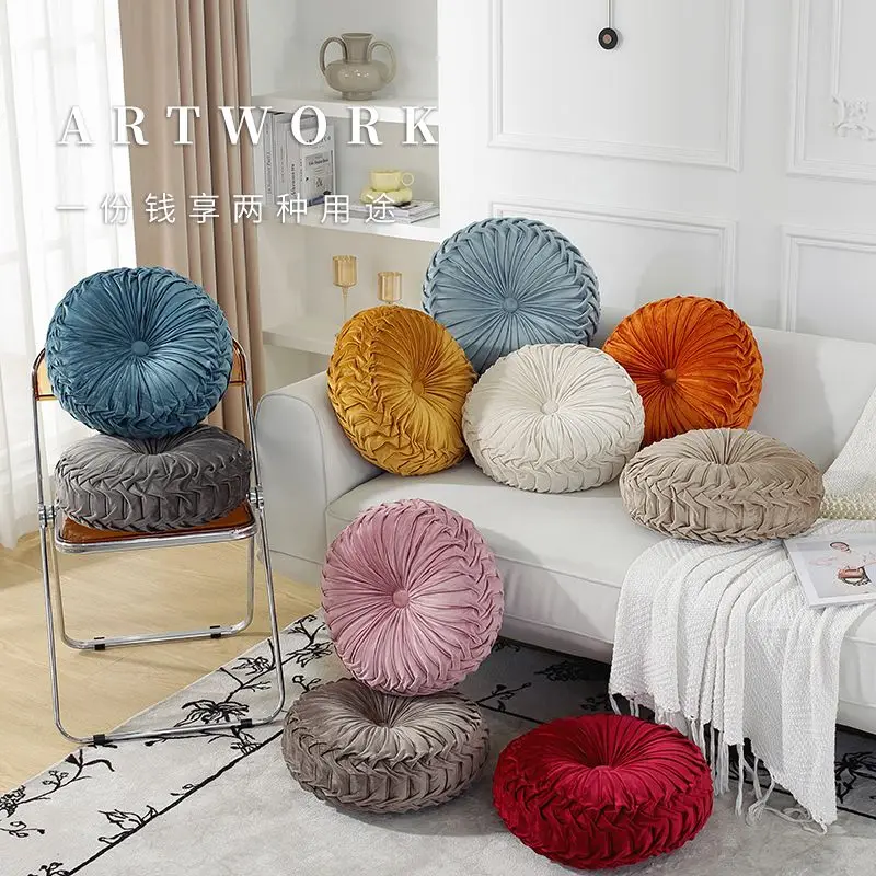 Sofa kissen im europäischen Stil werfen Luxus-Samt kissen aus plissiertem Stoff hand gefertigtes rundes Rad Kürbis sitzkissen für Kinder