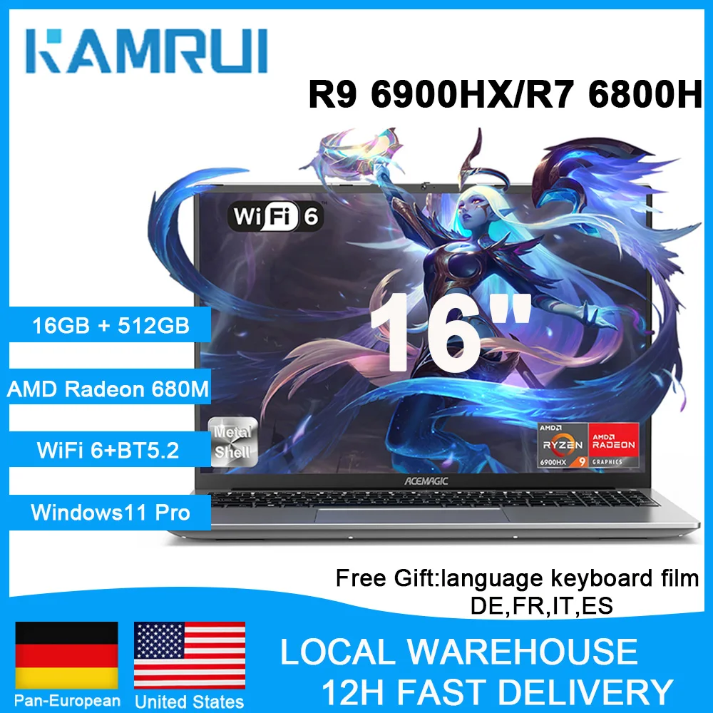 KAMRUI Gaming-Laptop 16 Zoll FHD AMD Ryzen7 6800H/7735HS/H 255 16GB DDR5 512GB SSD AMD Radeon 680M WiFi6 Win11PRO Beleuchtete Tastatur Image