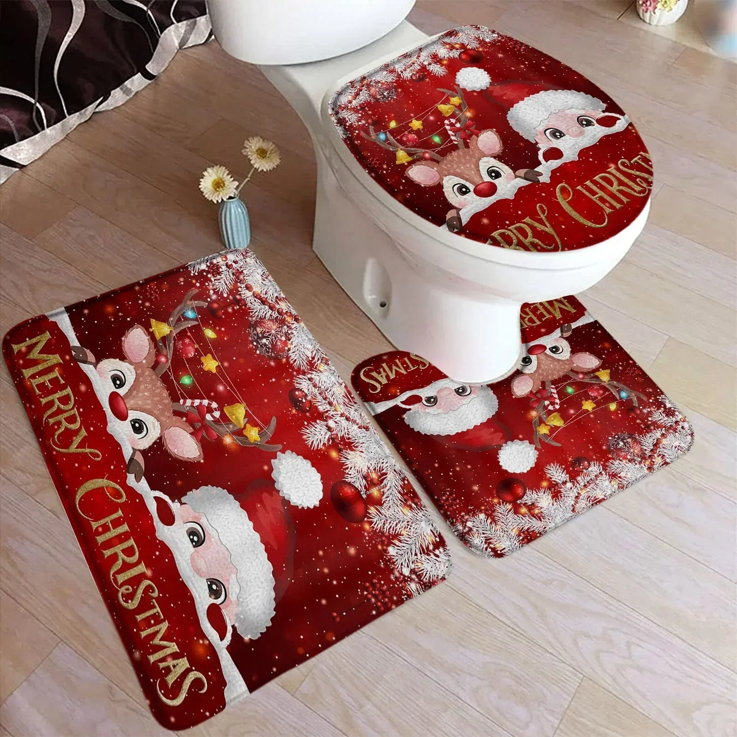 Cartoon Weihnachten Badematte Sets Lustige Santa Claus Elch Weihnachten Bälle Rot Neue Jahr Teppich Badezimmer Dekor Tür Teppiche Wc Deckel Abdeckung Image