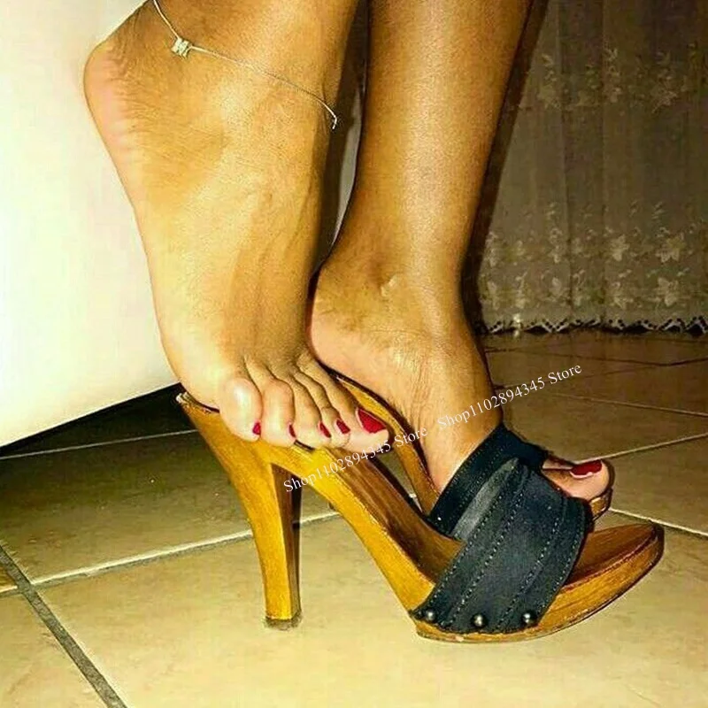 Solide Denim Slip Auf Holz Muster Sandalen Dünne High Heel Peep Toe Mode Sexy 2025, Sommer Große Größe Frau Schuhe Zapatillas Mujer