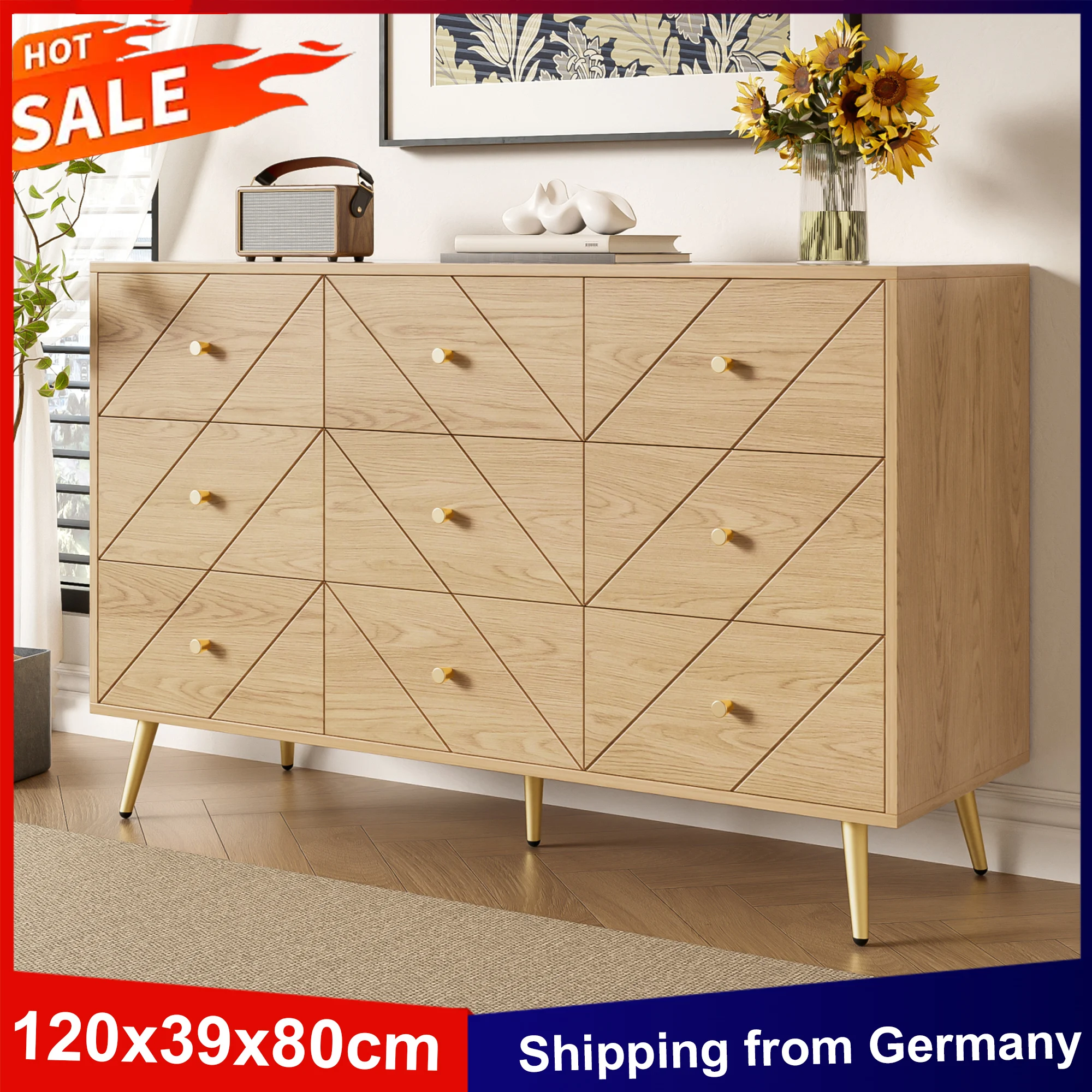 Anajqaqia Moderne Kommode mit 9 Schubladen, Mehrzweckschrank, Sideboard, Buffetschrank für Schlafzimmer, Wohnzimmer, Küche