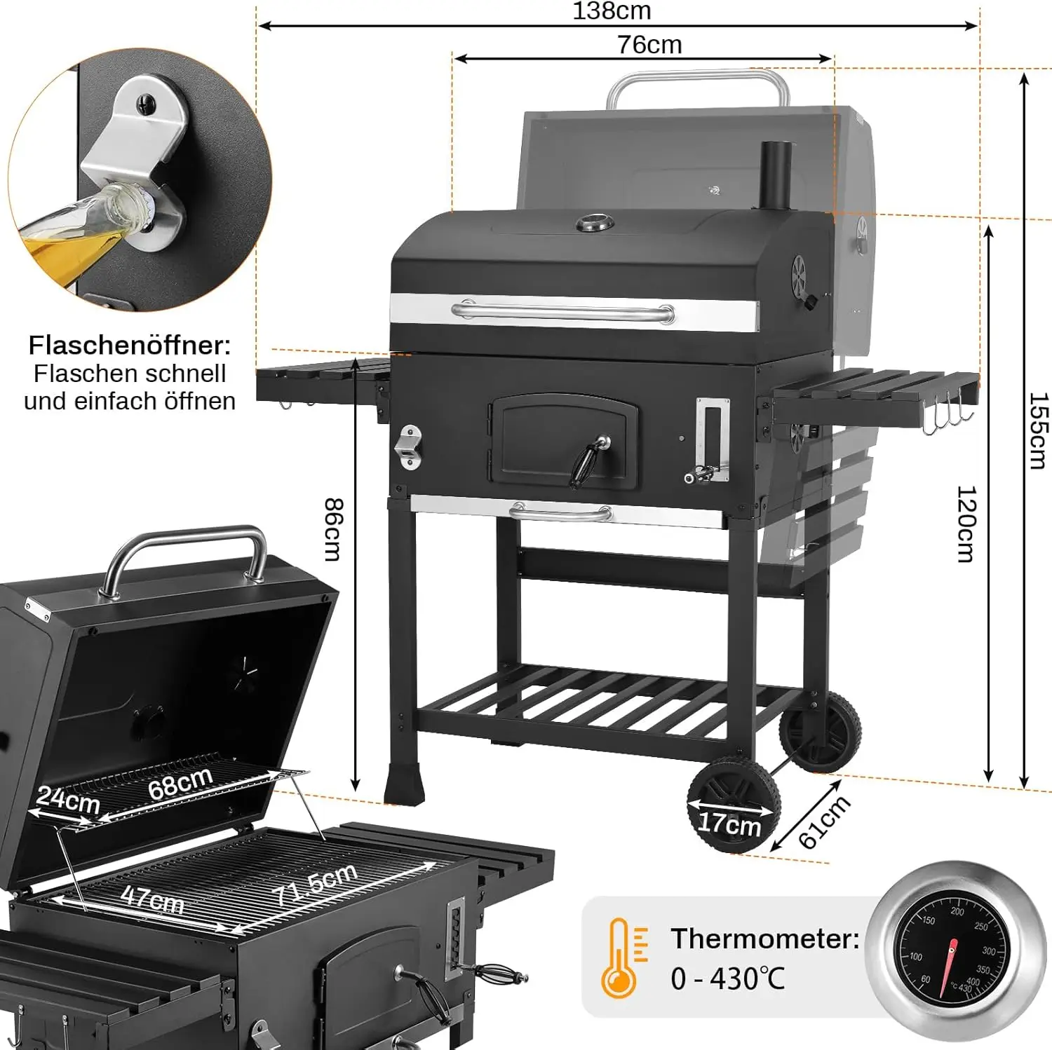 Barbecue Trolley BBQ Smoker XXL Holzkohlegrill mit Rädern, Edelstahlgriff, Kochrost und Thermometer-Stehgrill Image