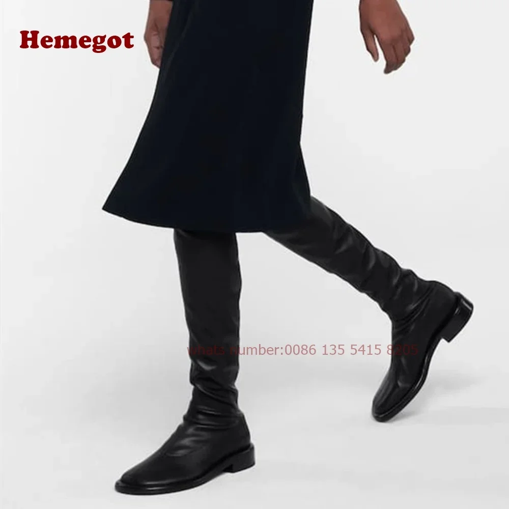 Große Oberschenkelhohe Stiefel mit runder Spitze, schwarz, Overknee-Damenstiefel, elastische Stiefel, niedrige Absätze, 2024, Winter-Freizeitschuhe, sexy