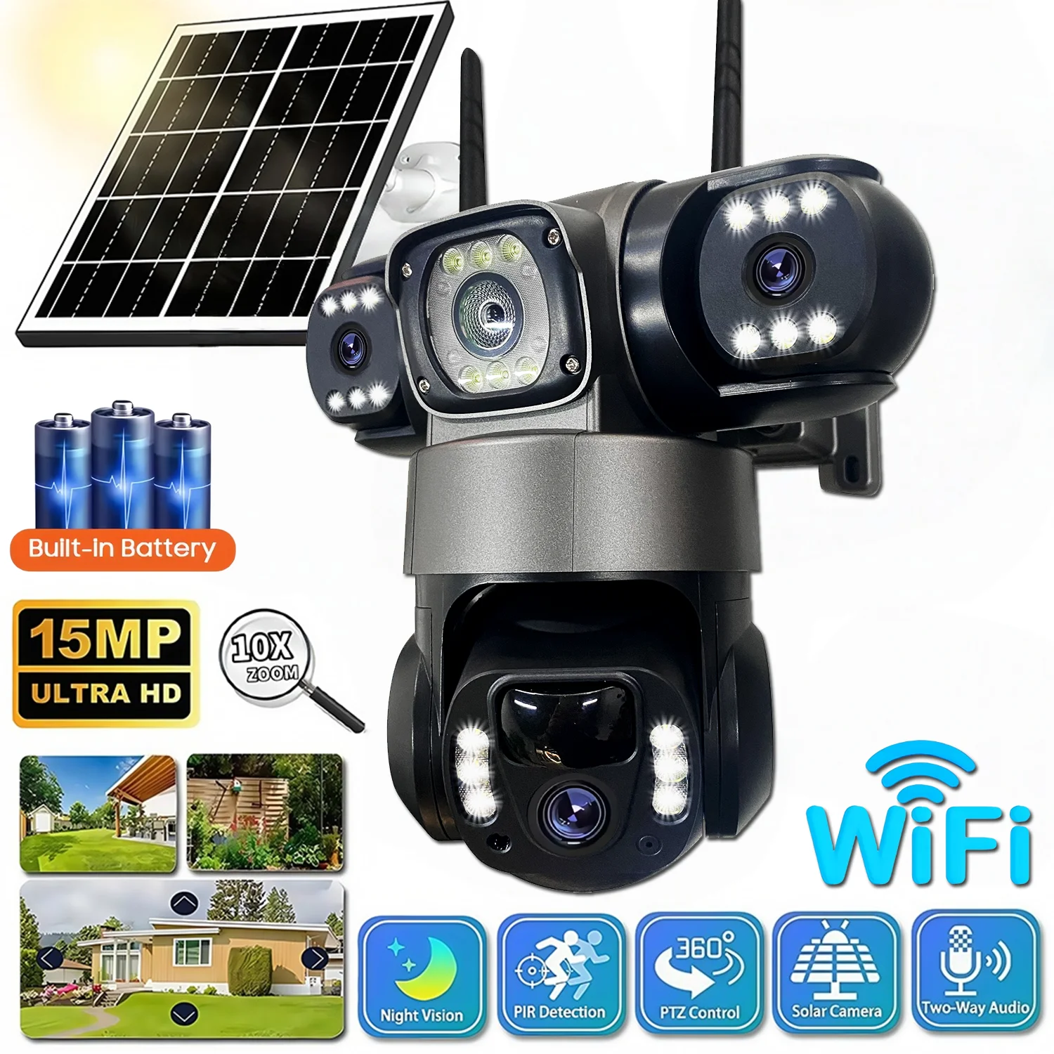 Solar WIF IP Kamera 15MP Drei Objektiv Drei Bildschirm Wasserdicht Monitor Nachtsicht Sicherheit Schutz PTZ Video Überwachung Image
