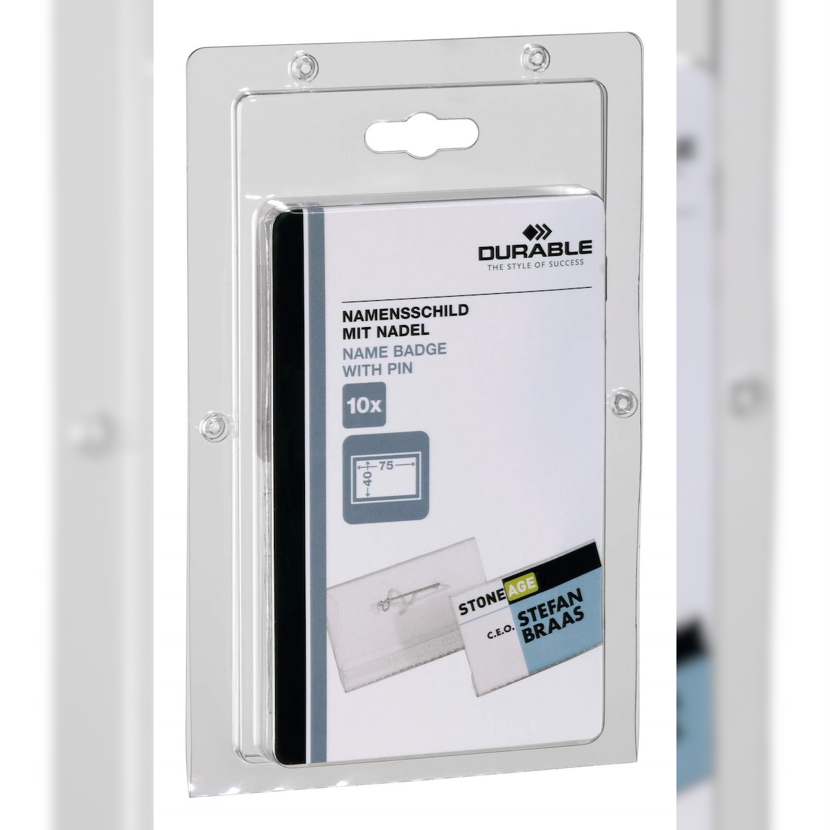 Durable Namensschild 40x75mm tr 10St mit Nadel SB Verpackung Image