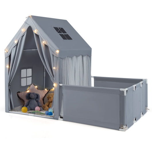 Costway Kids Play Tent with Playpen 2-in-1 Toddler Playhouse with Yard-Grey