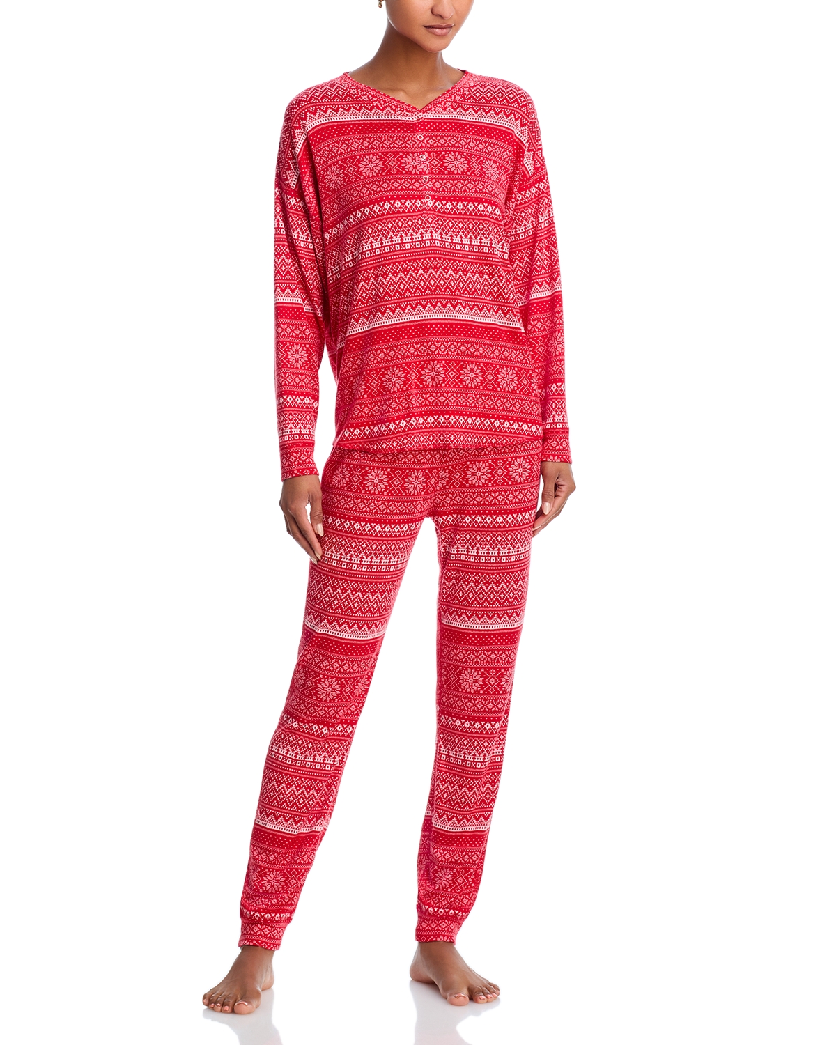 Aqua Sleep Starlette Long Henley Pajama Set - Exclusive - Red Fair Isle