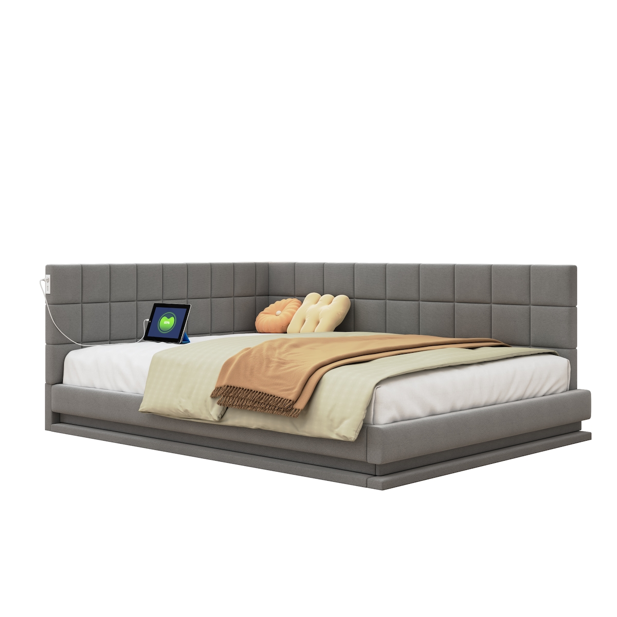 OKWISH Schlafsofa 160x200 cm Grau, modernes Polsterbett, LED-Licht, USB-Anschluss, Lattenrost, Sofa-Bett multifunktional, Wohnzimmer Möbel Image