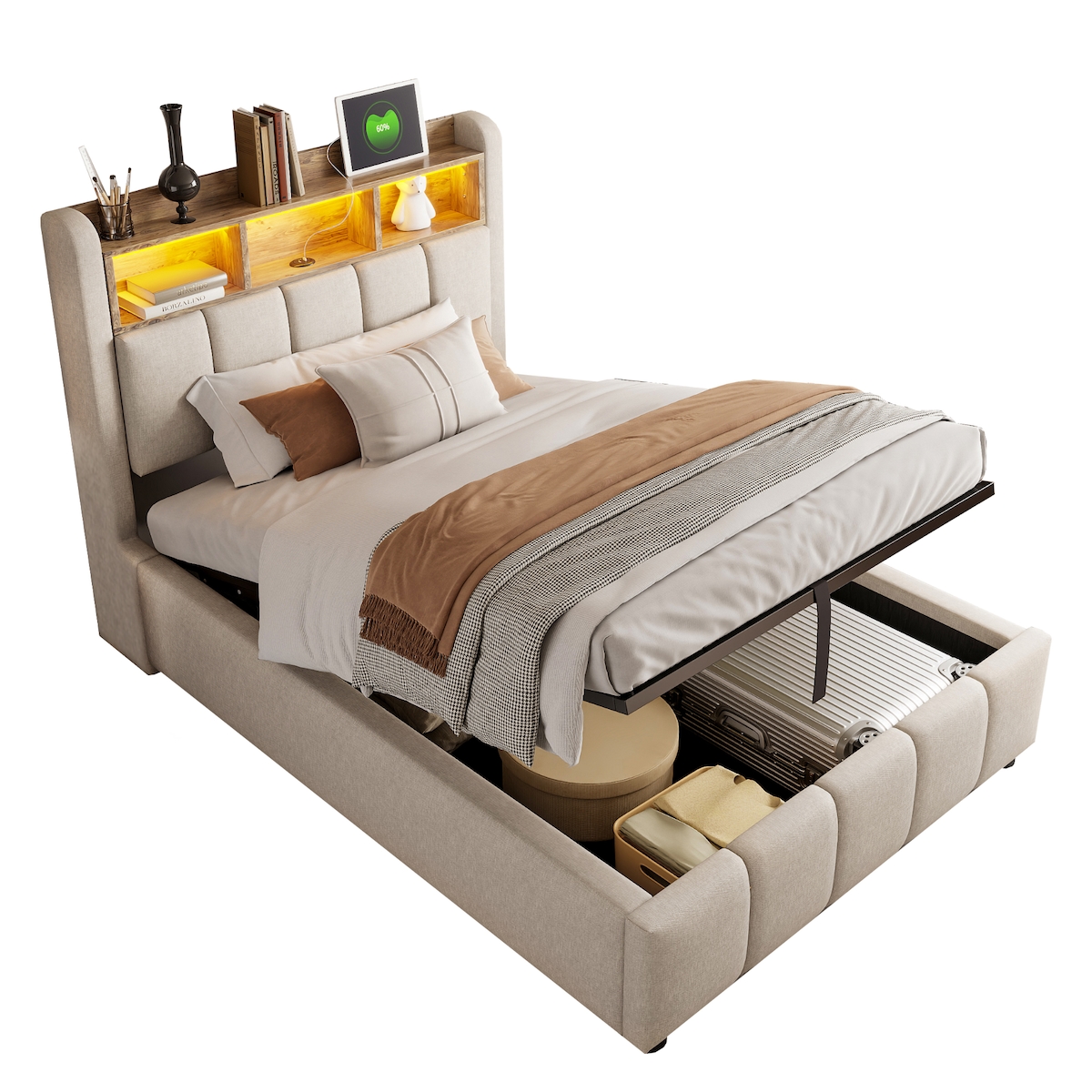 OKWISH Polsterbett mit hydraulischem Stauraum, LED-Farbwechsel und USB-Aufladung, Leinenstoff, Metallrahmen, 90x200 Beige, modernes Design, Schlaffunktion Image