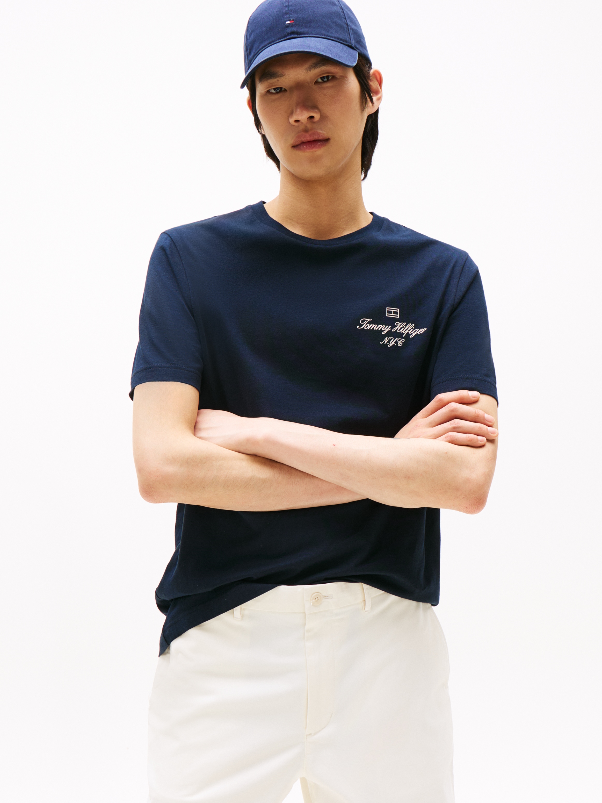 T-Shirt TOMMY HILFIGER "OUTLINE FLAG SCRIPT TEE", Herren, Gr. L, blau (desert sky), Single Jersey, Obermaterial: 100% Baumwolle, regular fit, Rundhals, Shirts Image