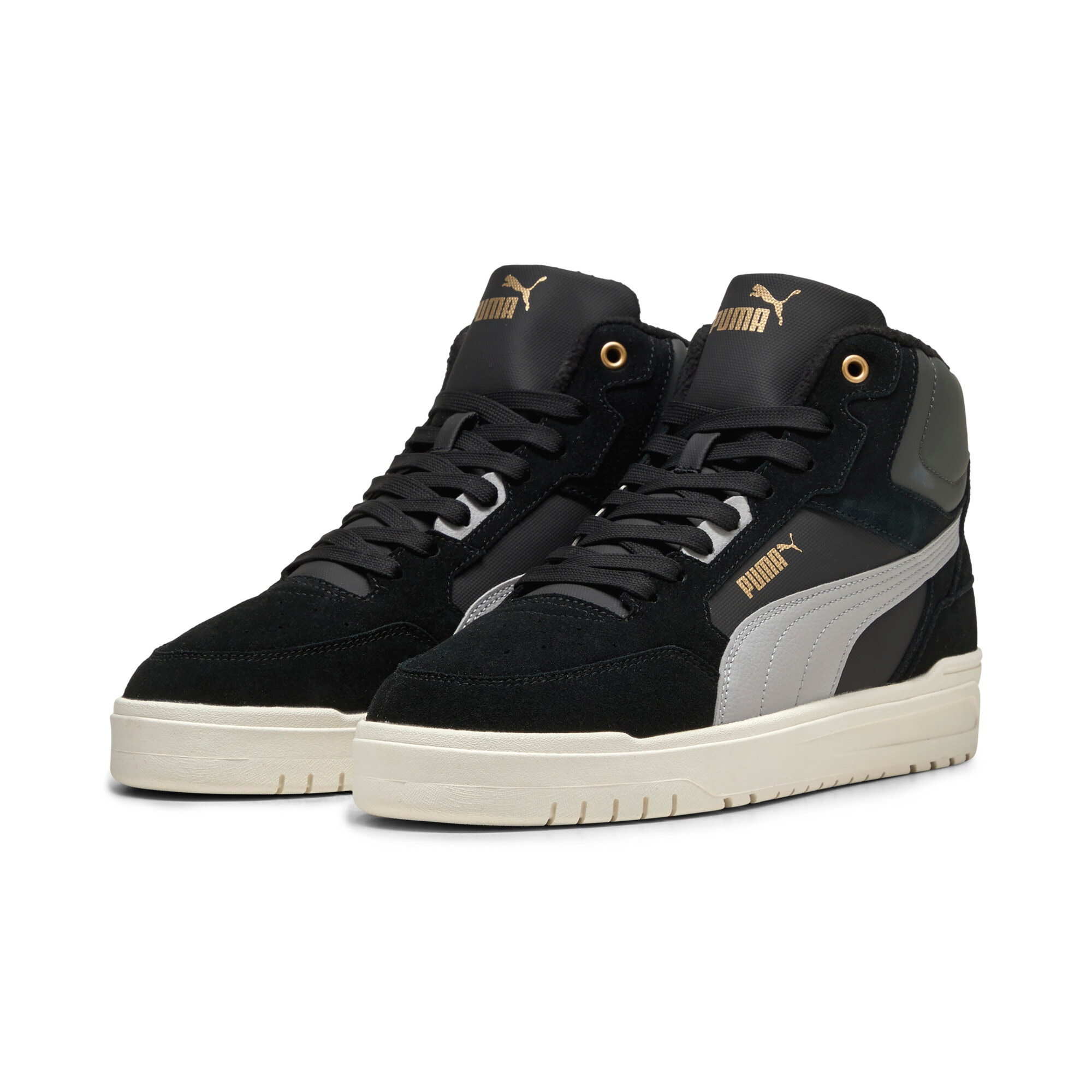 Sneaker PUMA "SHUFFLE DOWNTOWN MID WTR", Damen, Gr. 44, puma schwarz, gray echo, puma gold, Leder, Schuhe Sneaker, Winterschuhe, Sneakerboots, gefüttert