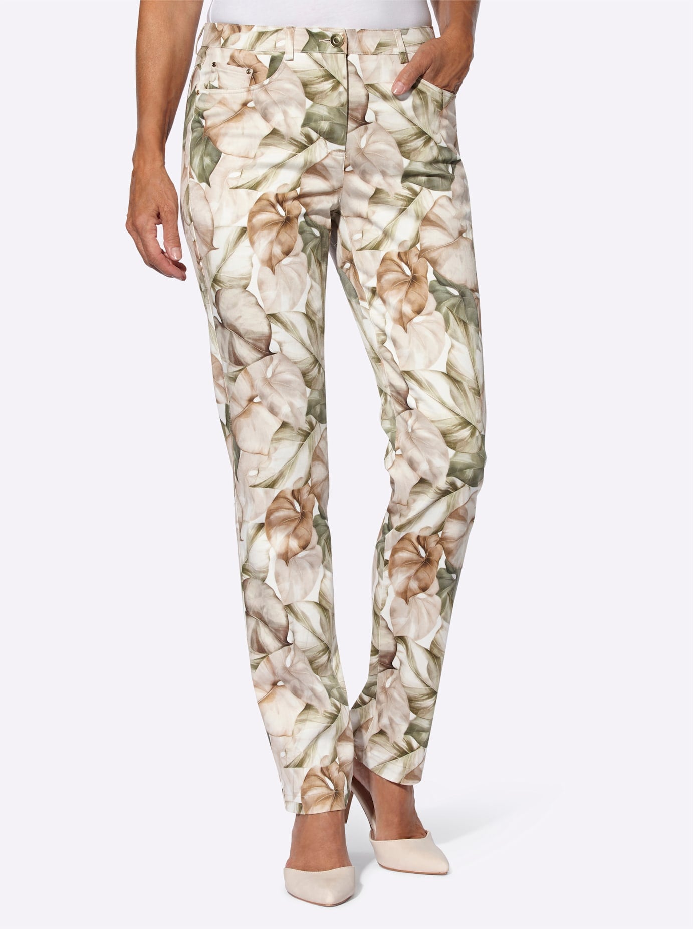 5-Pocket-Hose LADY, Damen, Gr. 40, Normalgrößen, beige (ecru, khaki, bedruckt), 98% Baumwolle, 2% Elasthan, bedruckt, geblümt, gemustert, mehrfarbig, lang, Hosen Image