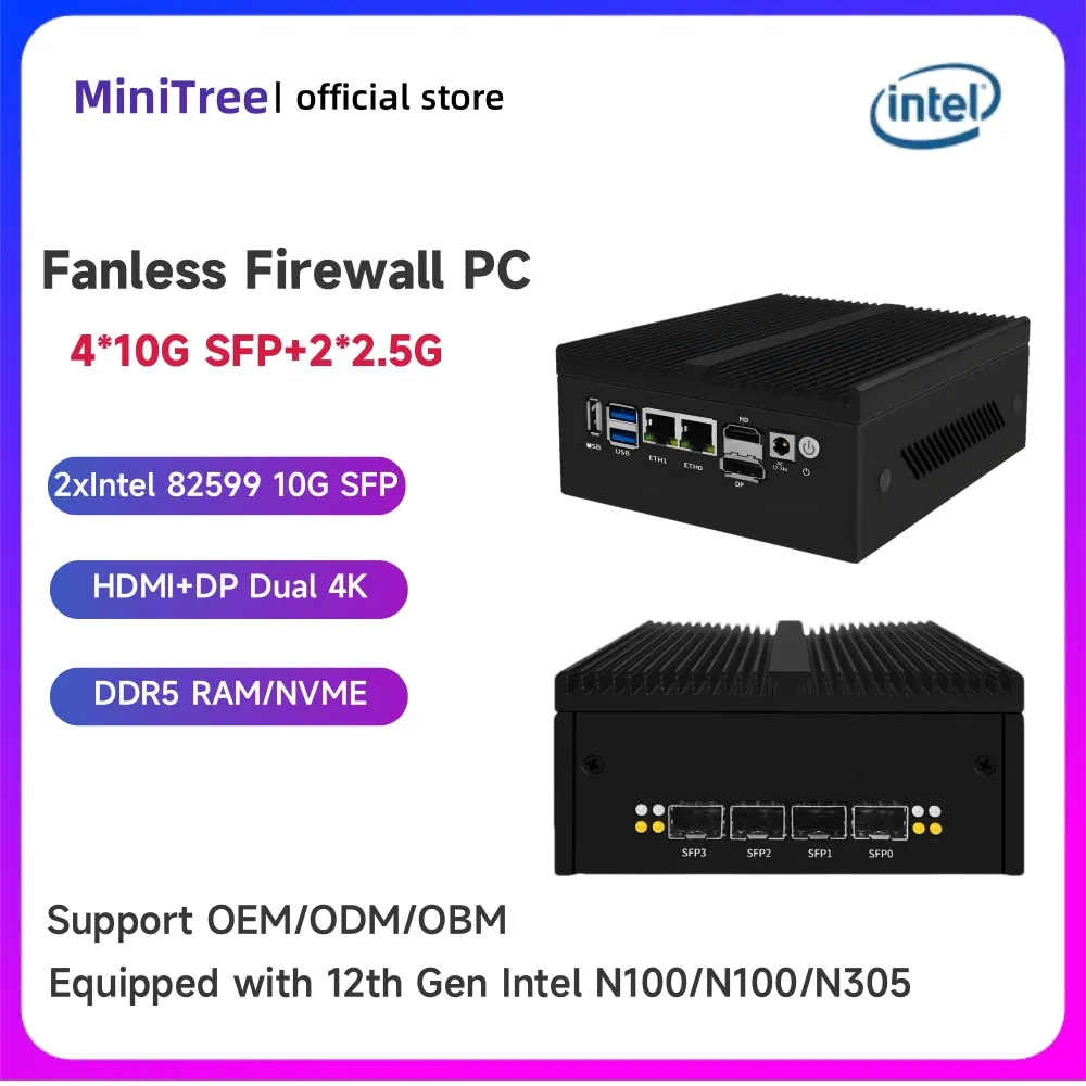 Mini PC pare-feu Intel N100 de 12e génération, 2 ports SFP 10G/4x10G, 2xi226 2.5G Lan, routeur souple sans ventilateur, 8 go de RAM, ordinateur Pfsense OPNsense