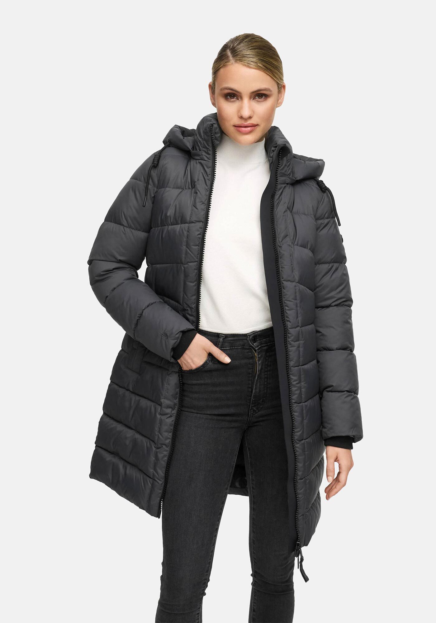 Winterjacke MARIKOO "Kaltnäschen", Damen, Gr. 3XL, grau (anthrazit), Obermaterial: 100% Polyester; Futter: 100% Polyester; Wattierung: 100% Polyester; Ärmelfutter: 100% Polyester, Jacken, mit abnehmbarer Kapuze und hochschließendem Kragen Image
