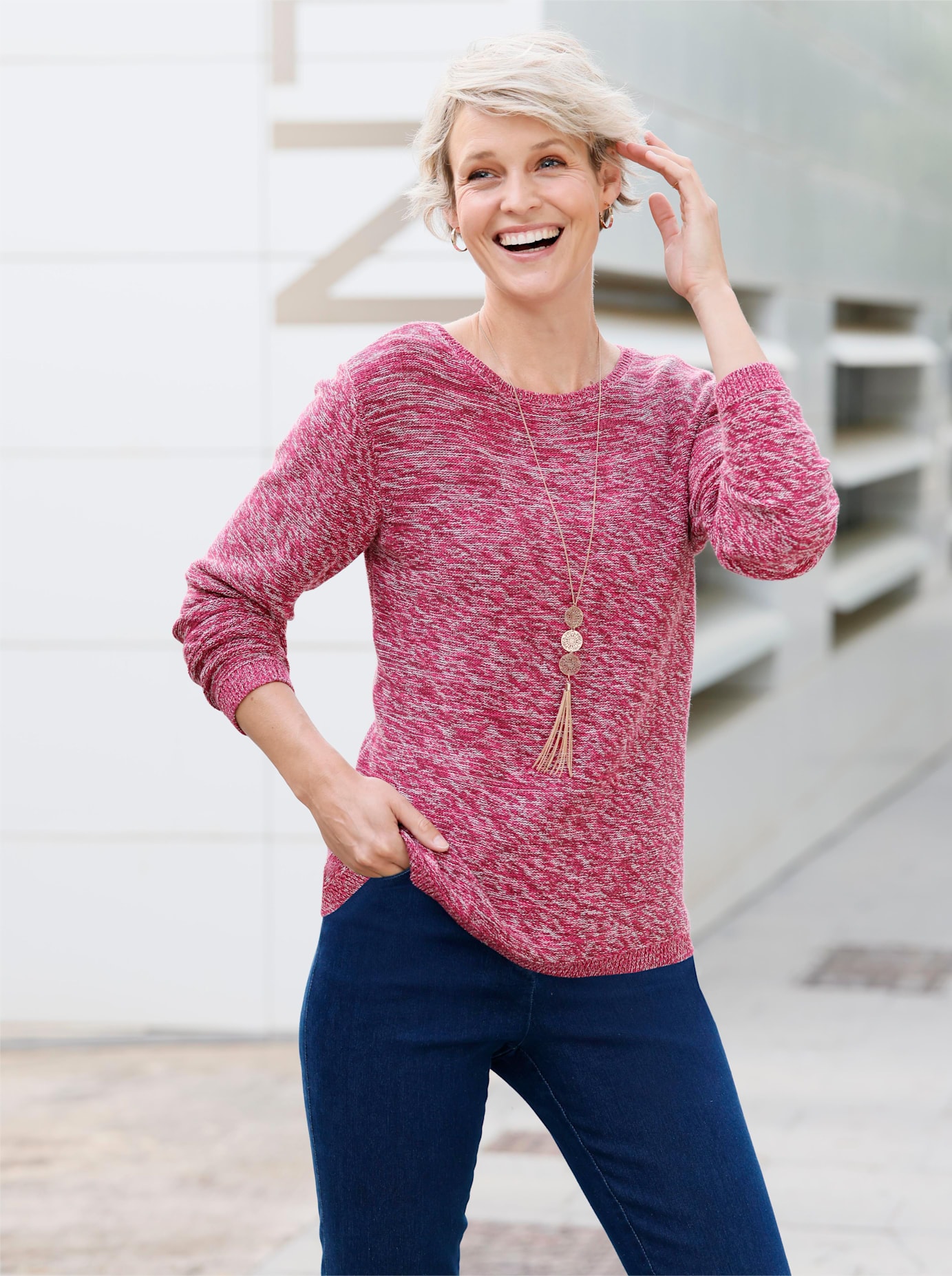 Rundhalspullover CLASSIC BASICS "Rundhals-Pullover", Damen, Gr. 40, rot (bordeaux, ecru, meliert), 100% Baumwolle, gemustert, mehrfarbig, meliert, Pullover Image