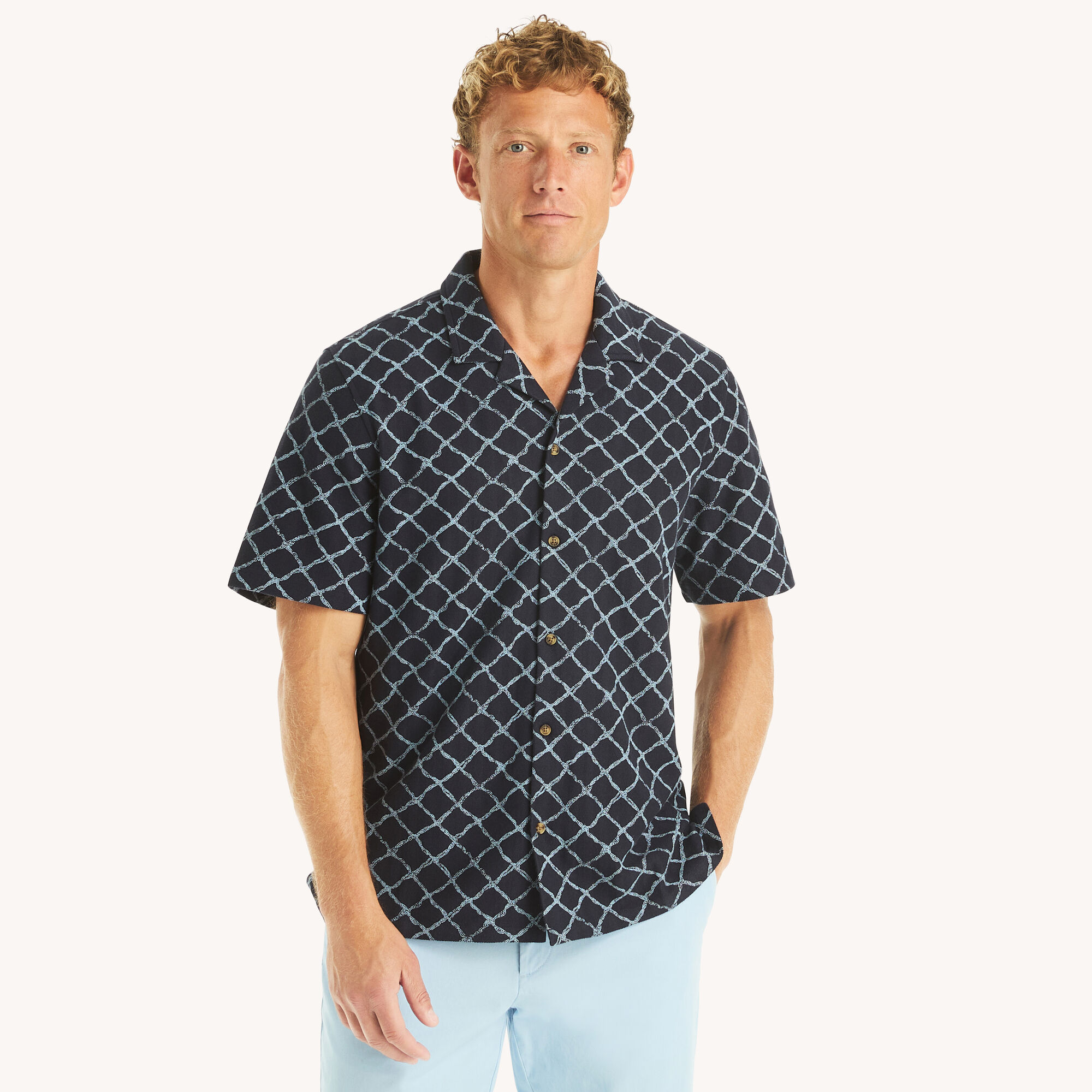 Nautica Men's Relaxed Fit Printed Button-Up Polo 482 (Stellar Blue Heather), M