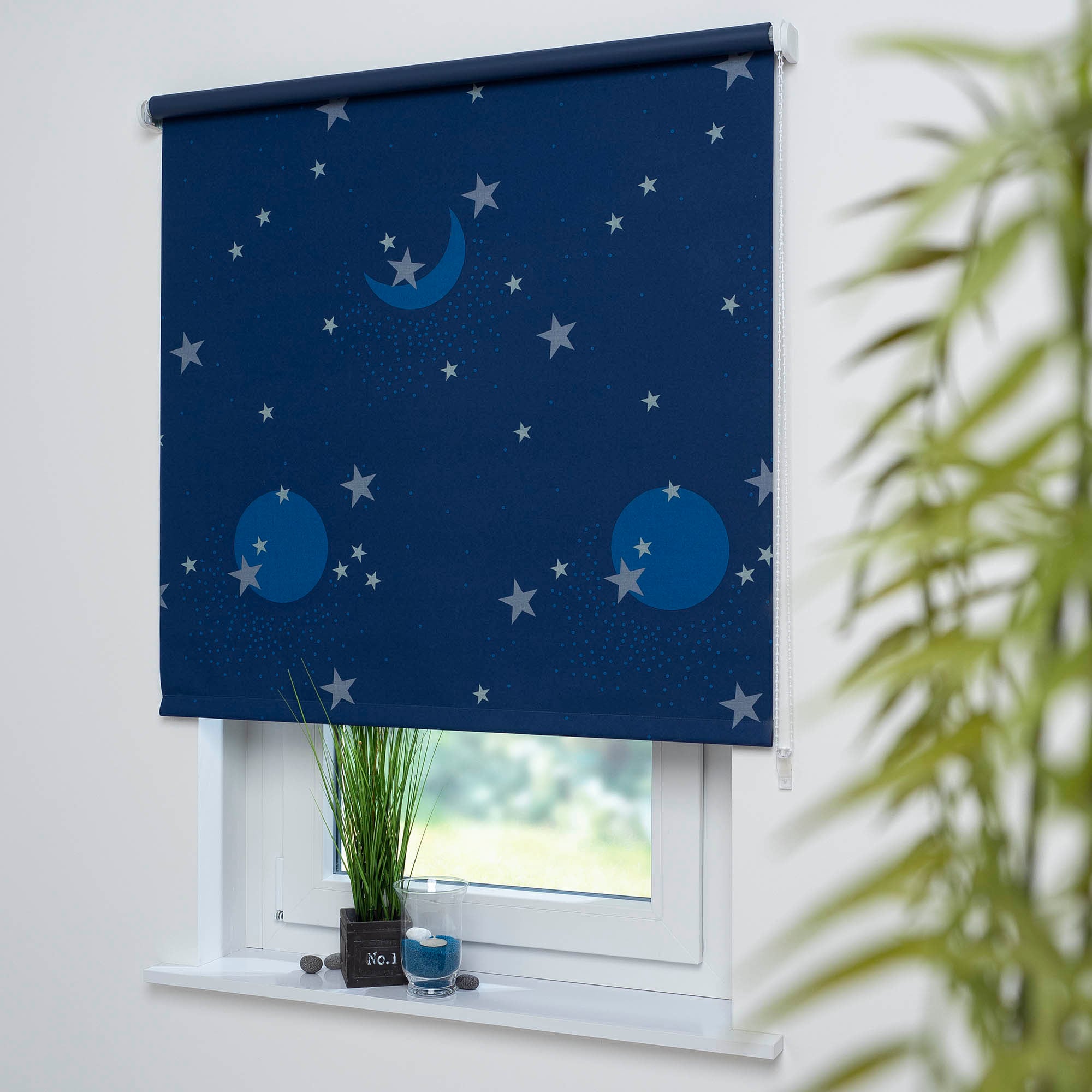 Seitenzugrollo LIEDECO "Sternenhimmel" Gr. 3, blau (dunkelblau, grau, bitte auswählen), B:232cm H:180cm, Kunststoff, Metall, Polyester, Rollos, Welle 36 mm stabiler Kettenzug Image