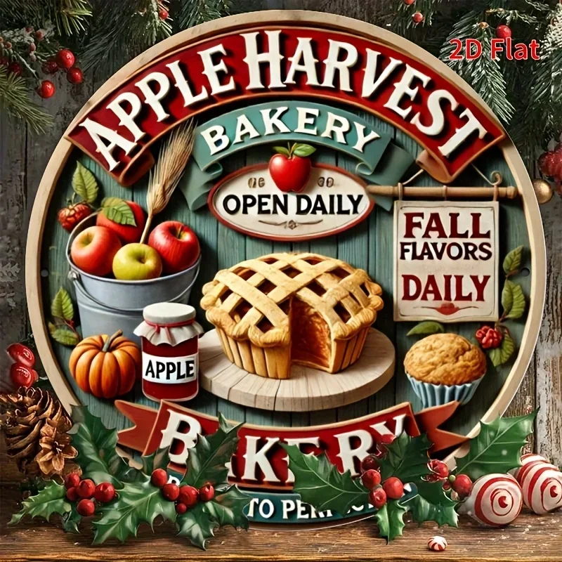 [2D Flat] Vintage Apple Harvest Bakery Aluminium-Wandkunst – 20,3 x 20,3 cm große rustikale Küchendekoration mit frischen Äpfeln, Torten und Herbstgeschmacksrichtungen