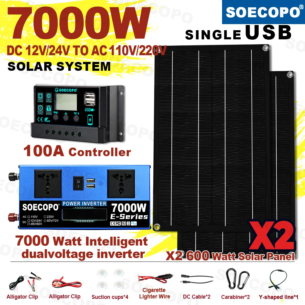 SOECOPO 7000W Solar Kit Off Grid Solarsystem Kompletter USB 5V/1,5A 100A Controller 2*Solarpanels DC 12V - AC 110V/220V Wechselrichter Image
