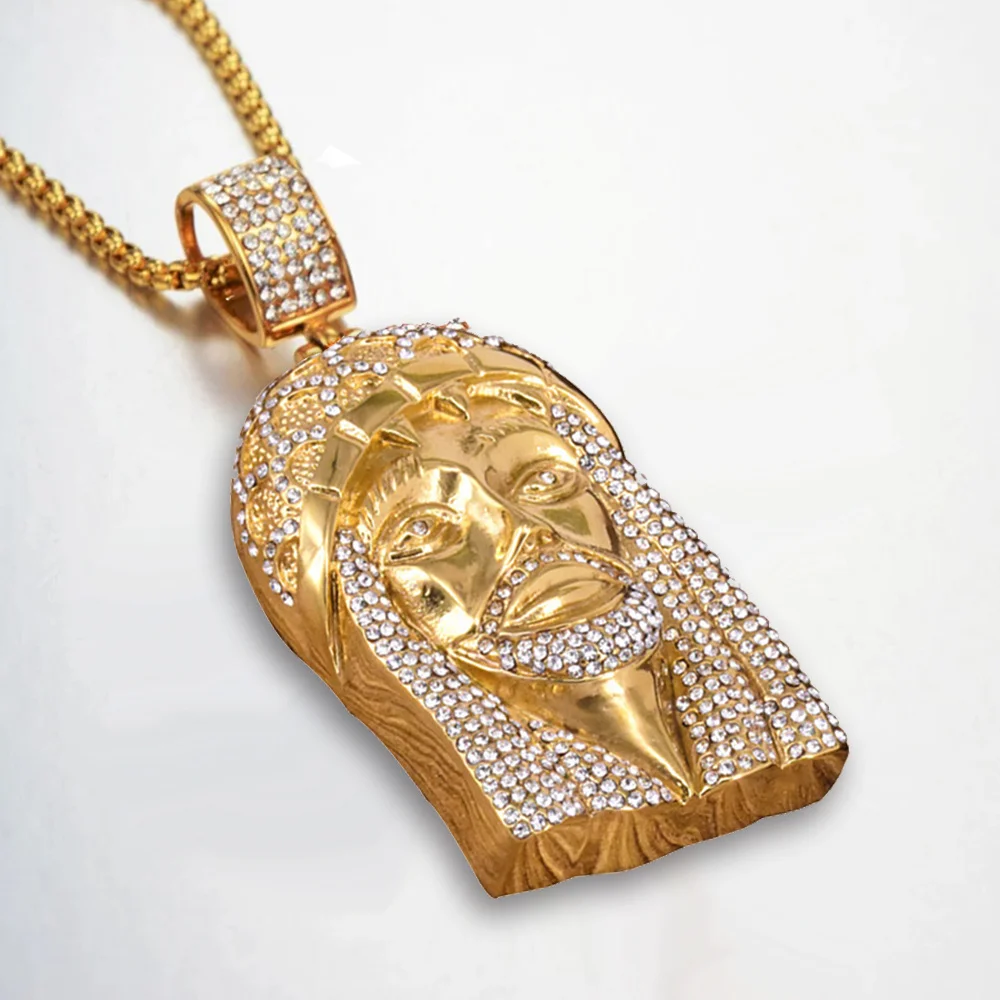 Religiöse Iced Out Bling Jesus Kopf Anhänger Gold Farbe Edelstahl Christian Große Halskette Für Männer Hip Hop Coole Schmuck Geschenk