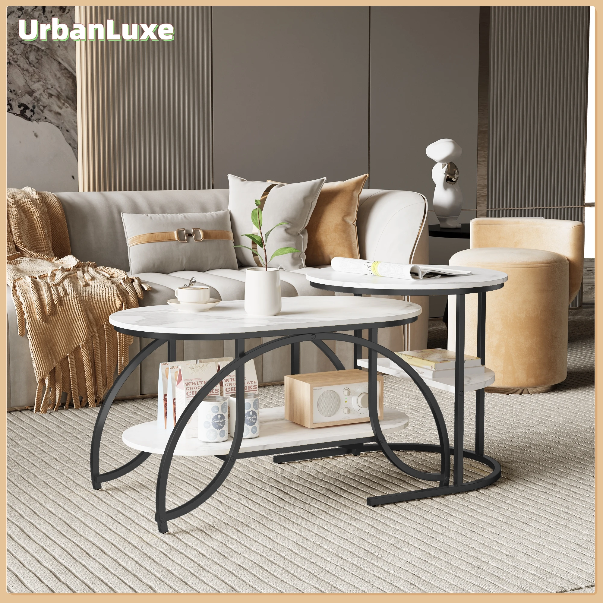 UrbanLuxe Couchtisch, 2er Set, Metallgestell, Wohnzimmertisch, moderner Couchtisch, schwarze Beine, weiße Platte