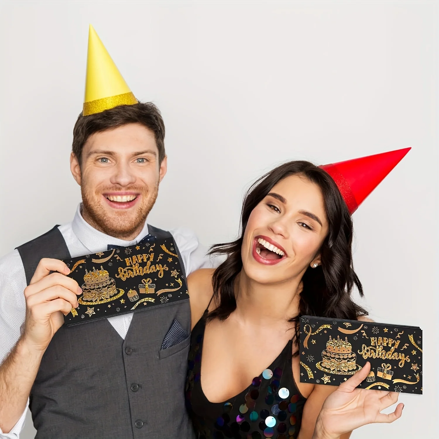 Schwarzer und goldener Geburtstags-Geldumschlag mit selbstdichtendem Verschluss mit 6 Fächern – luxuriöses, glitzerndes goldenes Dollarschein-Design Image