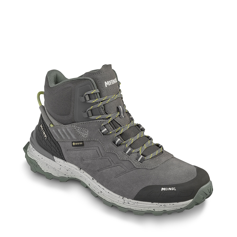 Wanderschuh MEINDL "Meindl Dallas Mid GORE-TEX grau/gelb", Herren, Gr. 42, schwarz, Mesh, Veloursleder, unifarben, Schuhe Wanderschuh, GORE-TEX – Winddicht, wasserdicht und atmungsaktiv