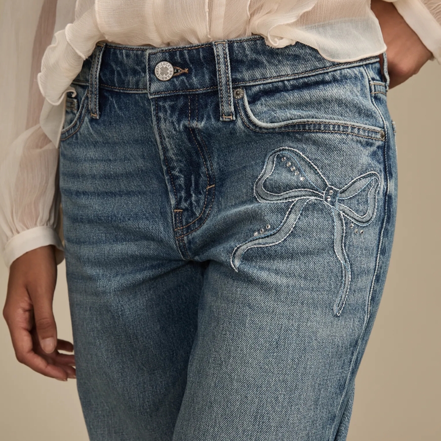 Lucky Brand Lucky Legend Embellished Bow Baggy - Women's Jeans Denim Pants in Bow Down Wash, Size 33 x 31
