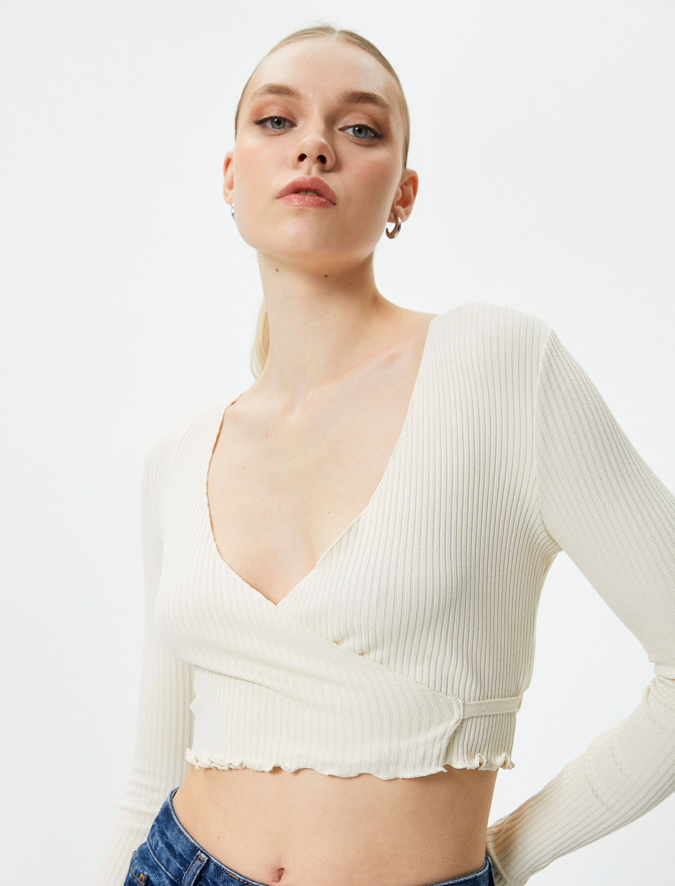 Koton BLUSE LS Rippen-Zweireihige Crop-Top Image