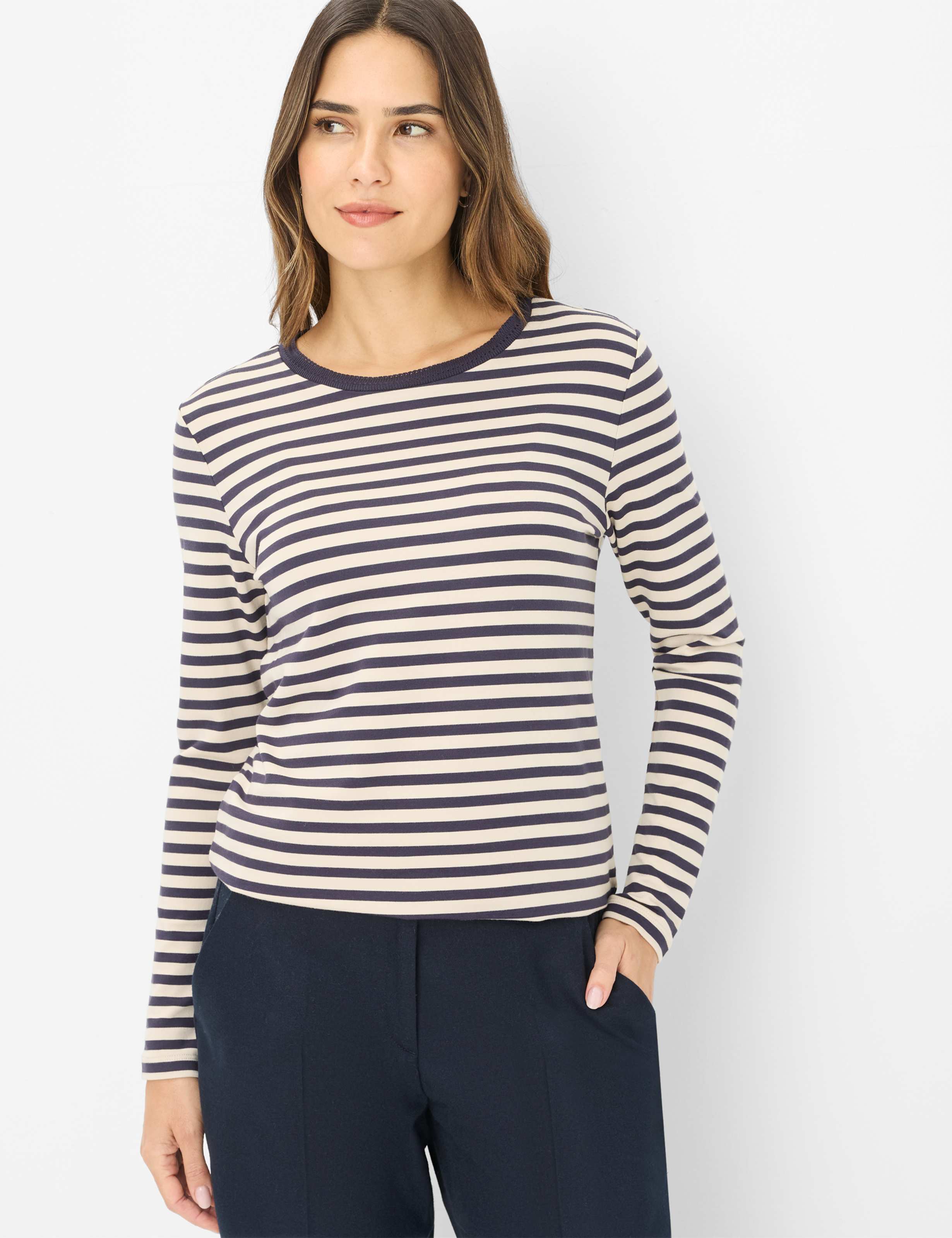 Langarmshirt BRAX "Style CARINA L", Damen, Gr. 46, dunkelblau, 96% Modal, 4% Elasthan, Rundhals, Shirts Image
