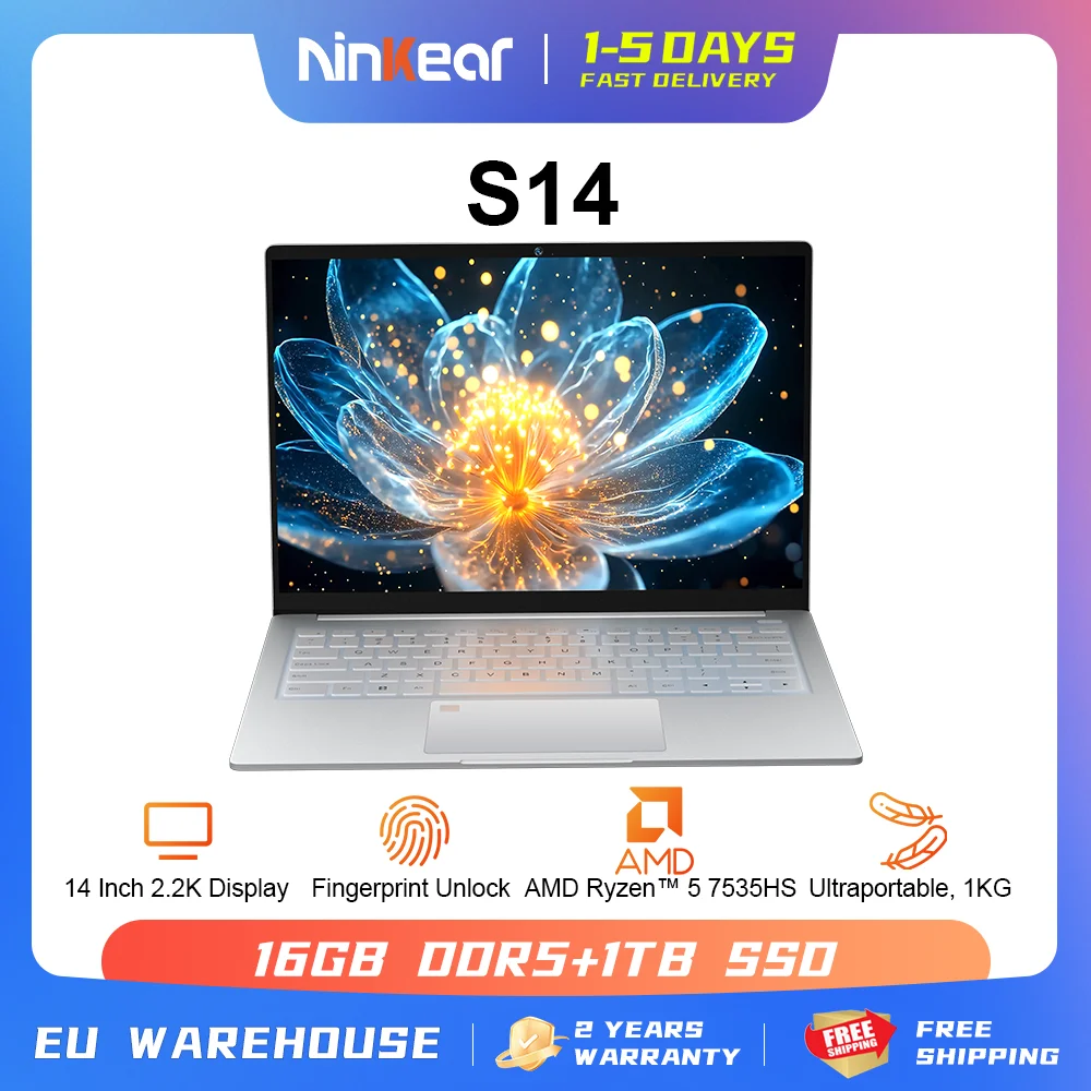 Ninkear S14 ordinateur portable Ultra-portable avec 1KG de poids AMD Ryzen 5 7535HS 14 pouces 2.2K Windows 11 16GB LPDDR5 1 to SSD ordinateur type-c