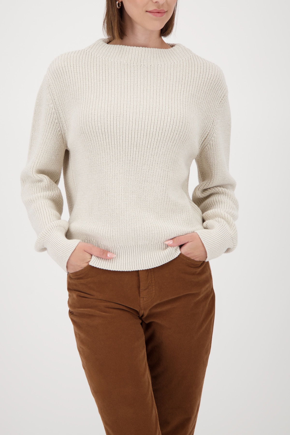 Strickpullover MONARI, Damen, Gr. 46, almond, Strick, Obermaterial: 94% Baumwolle, 6% metallisierte Fasern, unifarben, regular fit taillenbedeckt, Rundhals, eingesetzt Rippbündchen, Pullover, Regular fit mit Rundhalsausschnitt Image