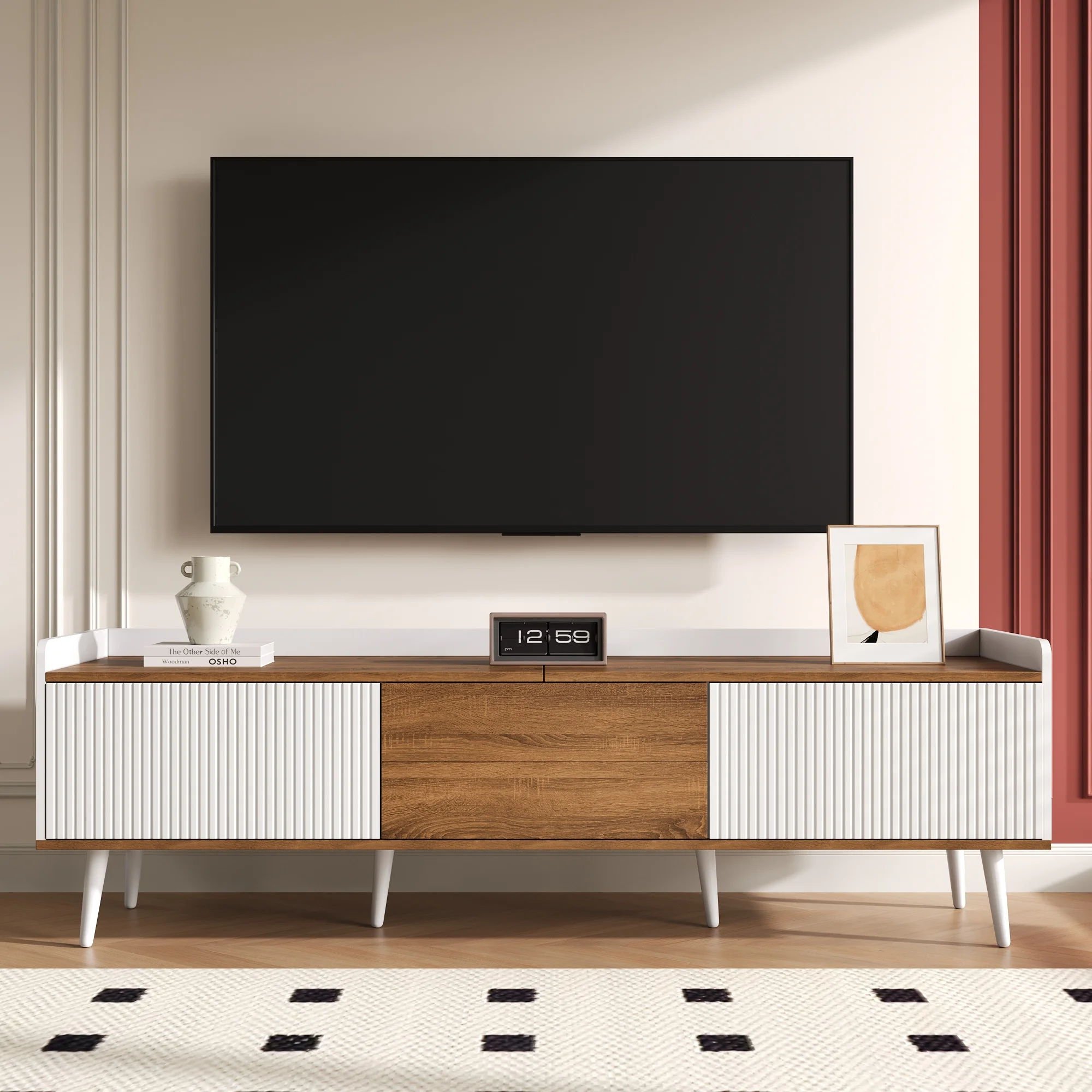 Meuble TV Table TV Meuble TV meuble base à trois portes Design compact Finition bois blanc et naturel