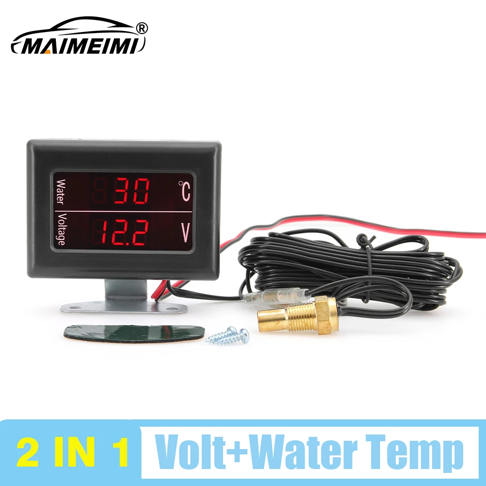 2 in 1 Rechteck LED Digital Wasser Temp Gauge Voltmeter Spannung Meter Temperatura Moto Für Auto Lkw Temperatur Sensor 12V24V Image