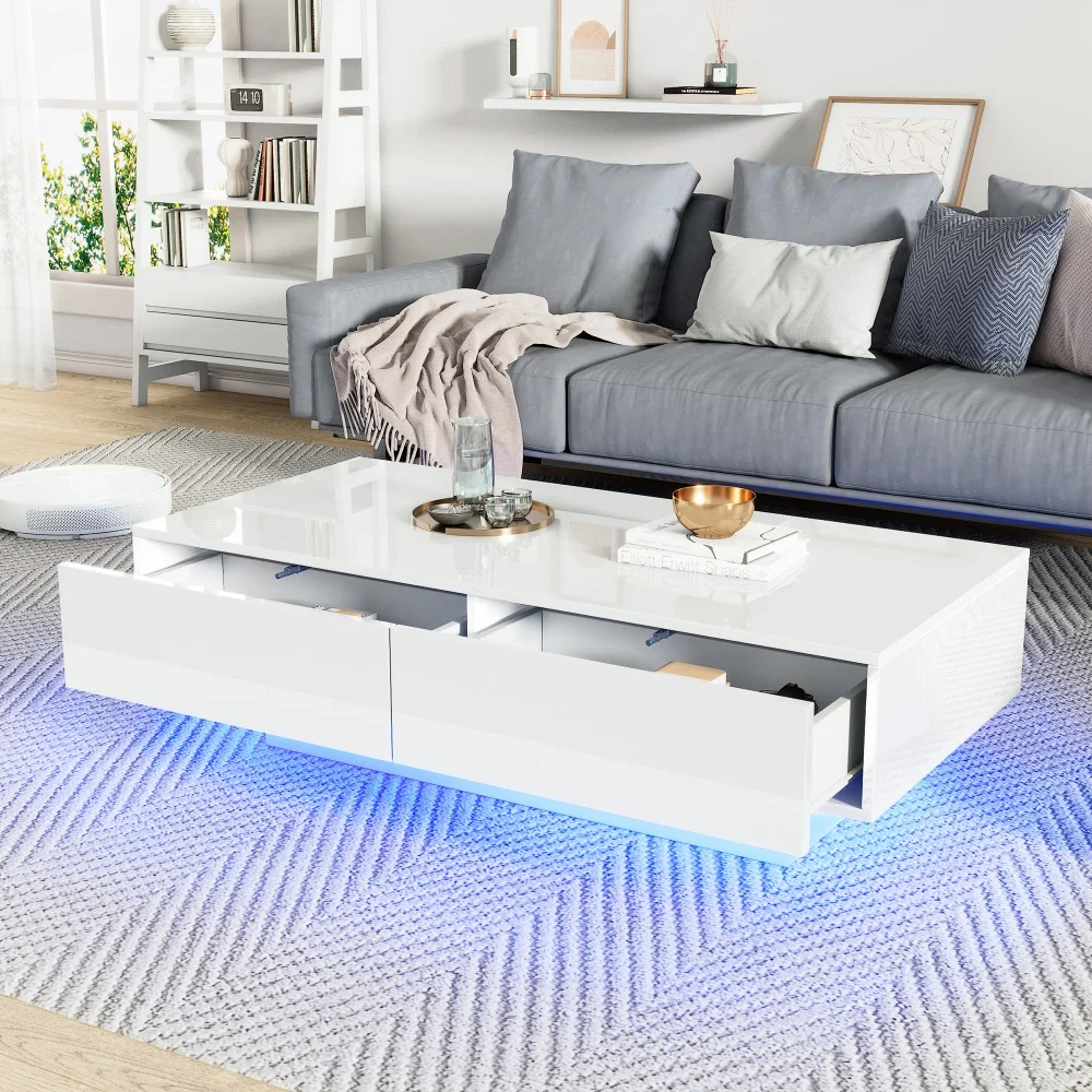 Couchtisch in Weiß, 115 x 55 x 34 cm, mit 2 Schubladen, LED-Beleuchtung und 30 kg Belastung – eleganter Wohnzimmertisch